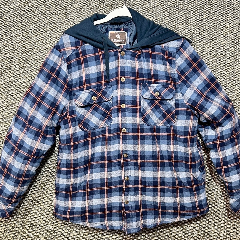 Modern Legendary Outfitters Hooded Flannel Jacket Quilted Plaid Blue Orange XL